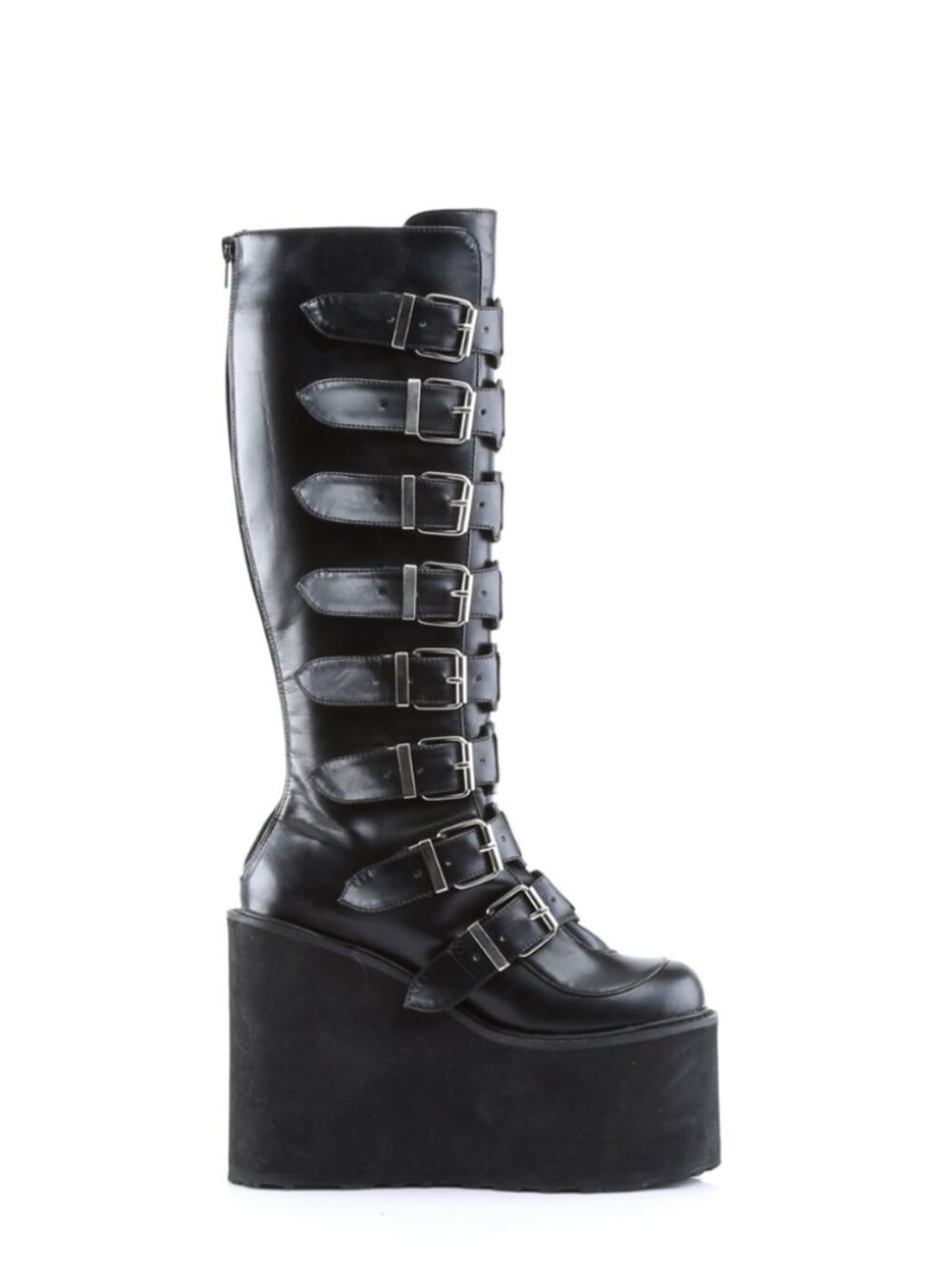 Black Vegan Leather Knee High Boots with 8 Buckle Straps